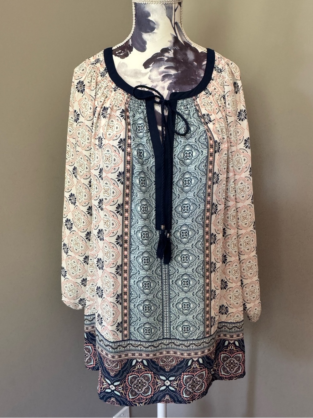 DR2 Boho Tunic Top in Navy and Blush Paisley